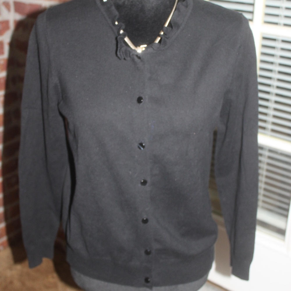 525 AMERICA Blacks Stretch Cardigan Ruffle Neck Long Sleeve Large EUC